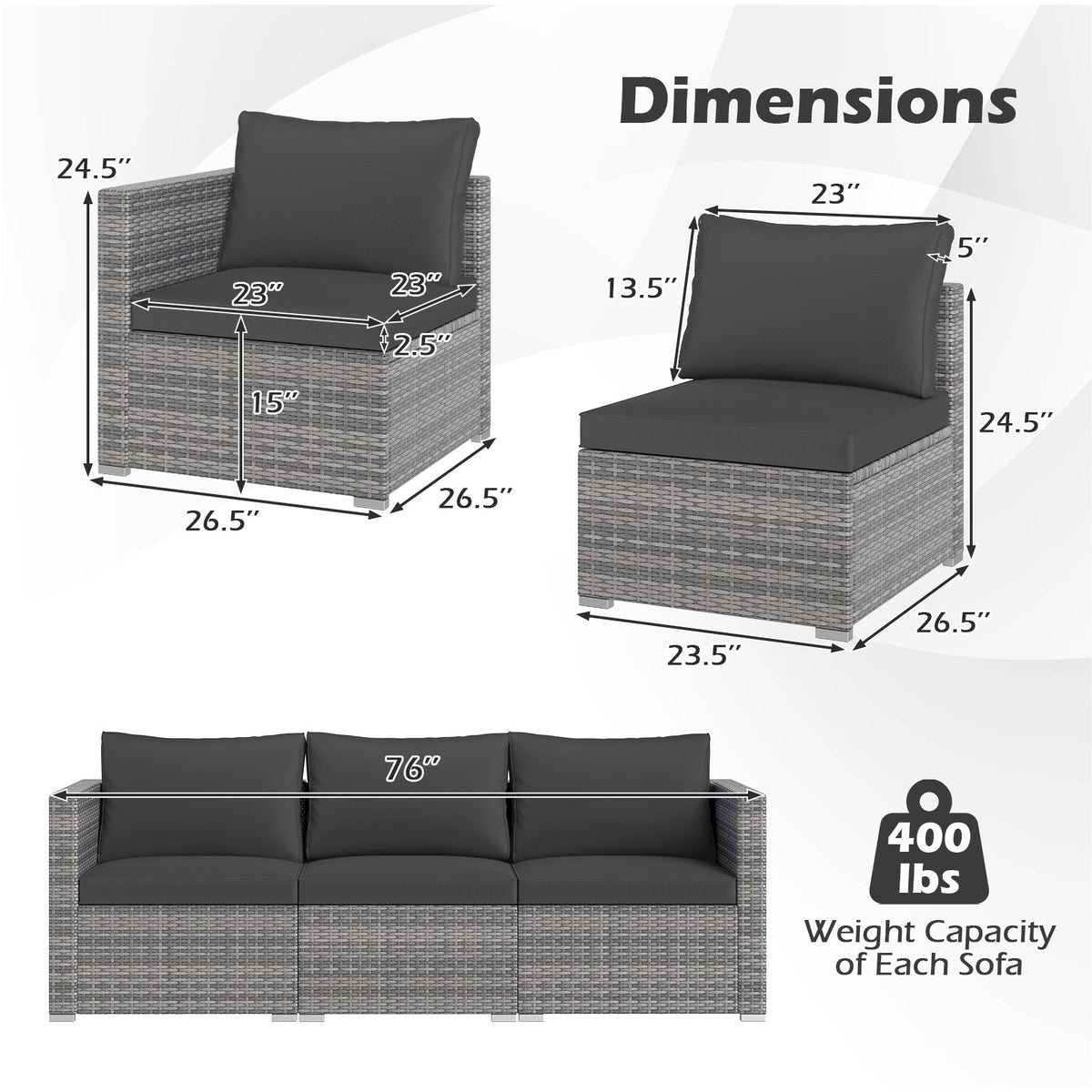 3 Pieces Patio Sectional Sofa Set PE Rattan Modular Couch Furniture Set with Soft Cushions
