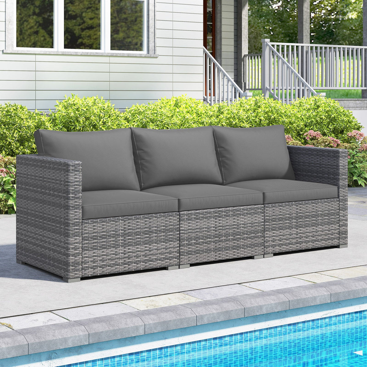 3 Pieces Patio Sectional Sofa Set PE Rattan Modular Couch Furniture Set with Soft Cushions
