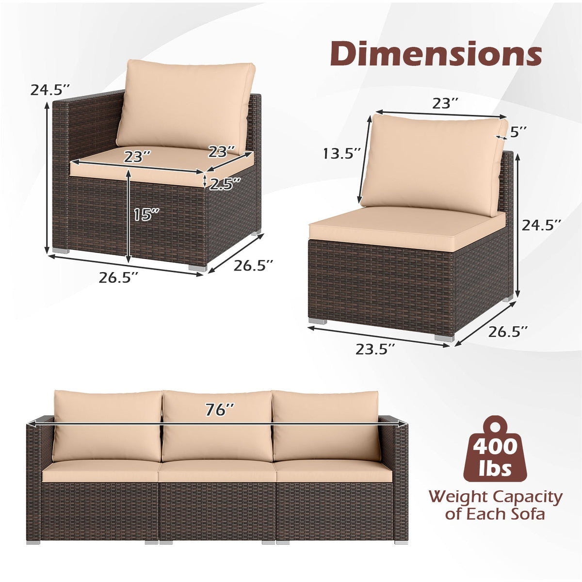 3 Pieces Patio Sectional Sofa Set with Soft Cushions