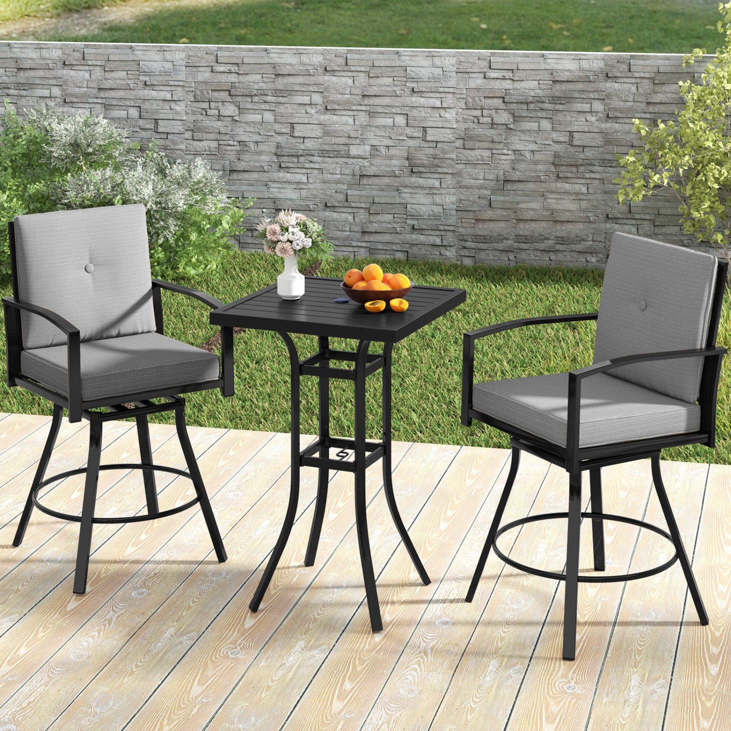 3-Piece Patio Swivel Bar Set with Cushions & Umbrella Hole