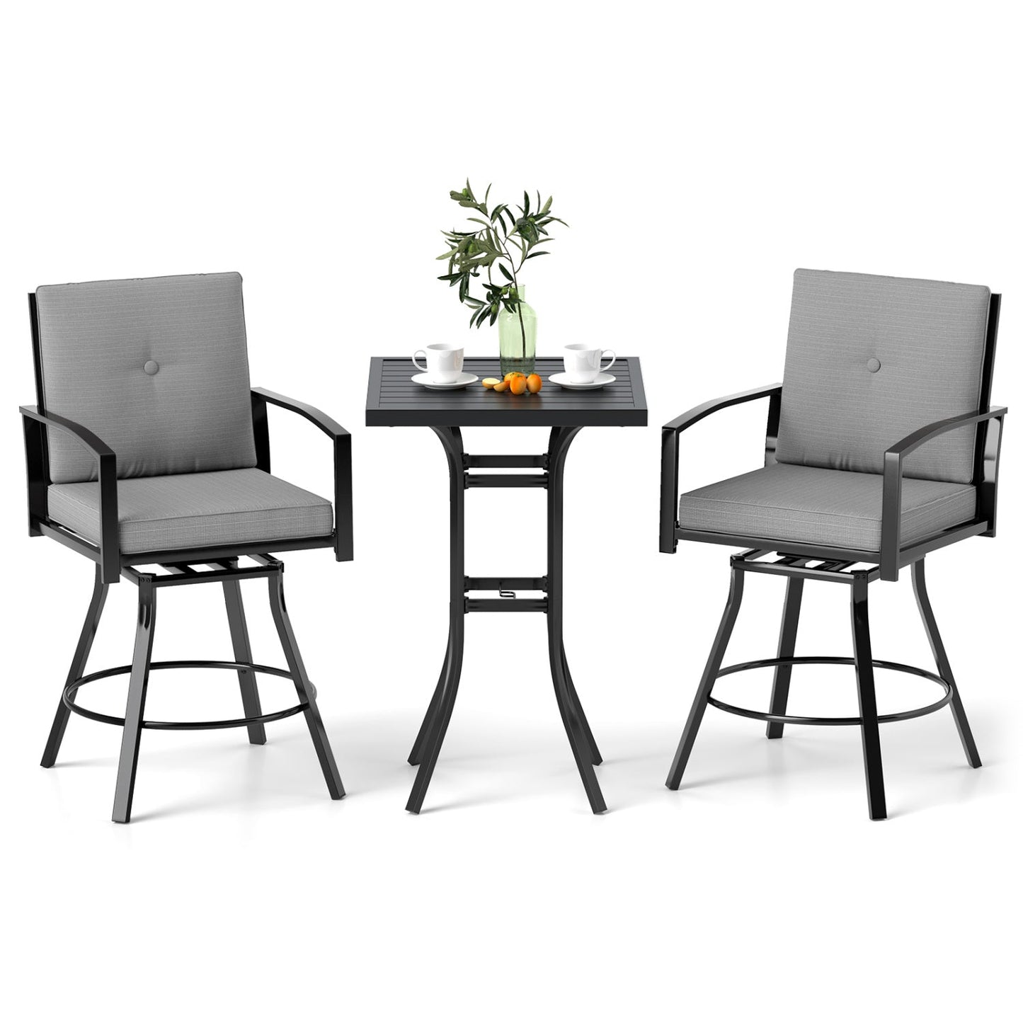 3-Piece Patio Swivel Bar Set with Cushions & Umbrella Hole