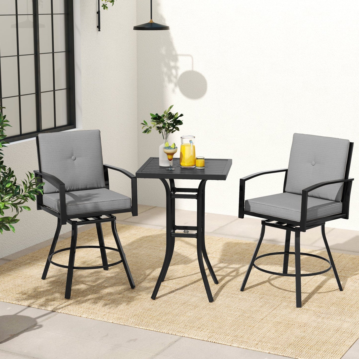 3-Piece Patio Swivel Bar Set with Cushions & Umbrella Hole