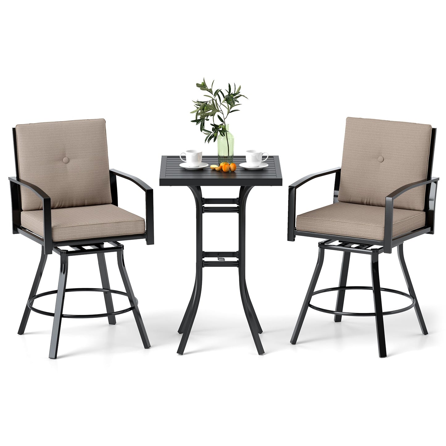 3 Pieces Patio Swivel Bar Set with Soft Cushions and Umbrella Hole-Brown