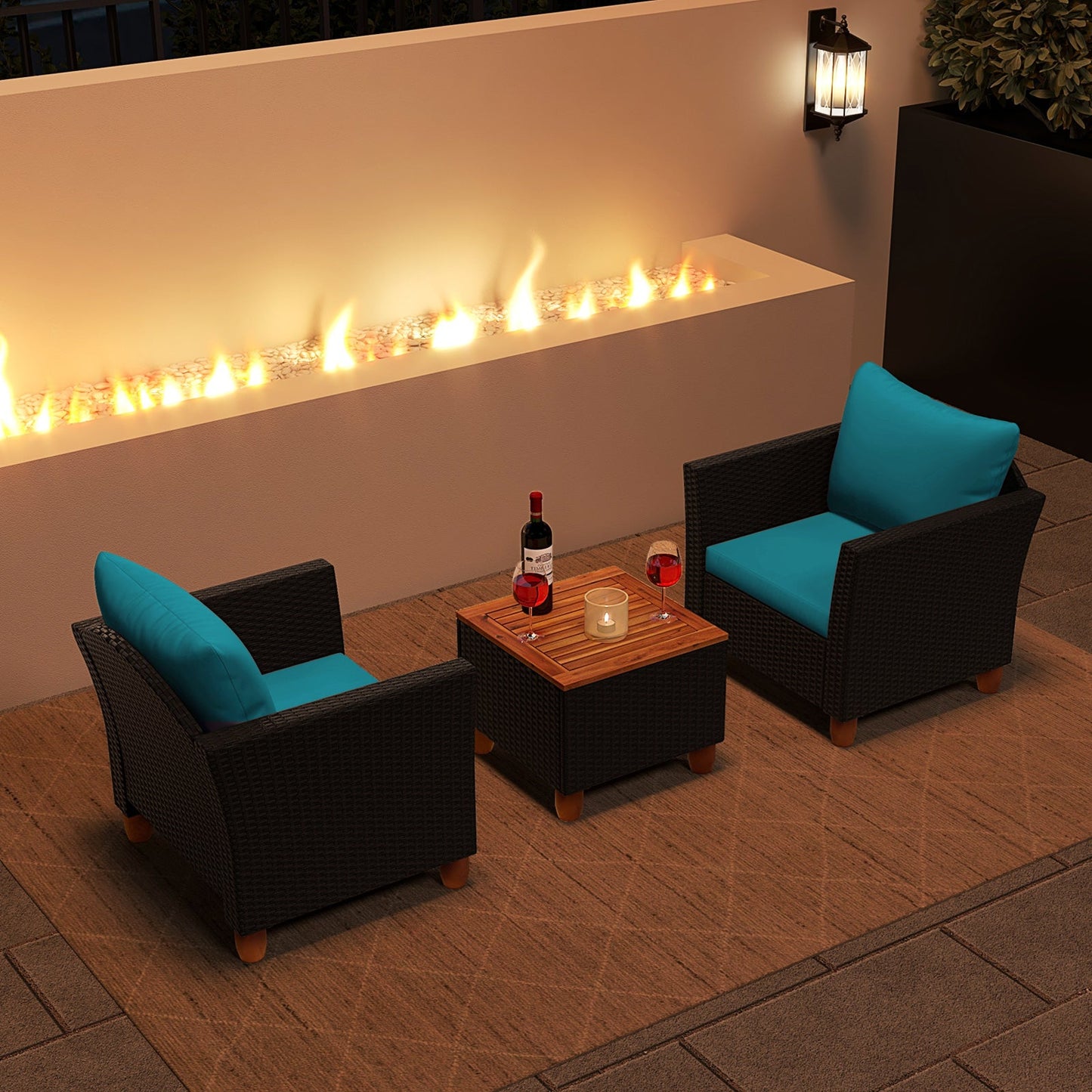 5 Piece Patio Rattan Furniture with 2 Ottomans and Tempered Glass Coffee Table
