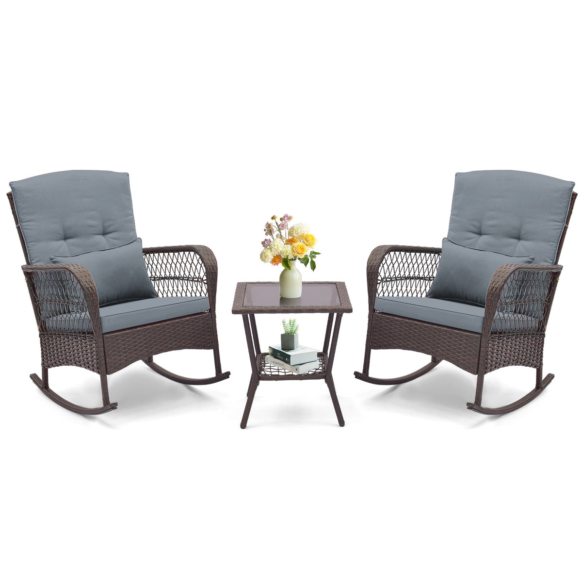 3 Pieces Rocking Bistro Set with 2-Tier Coffee Table
