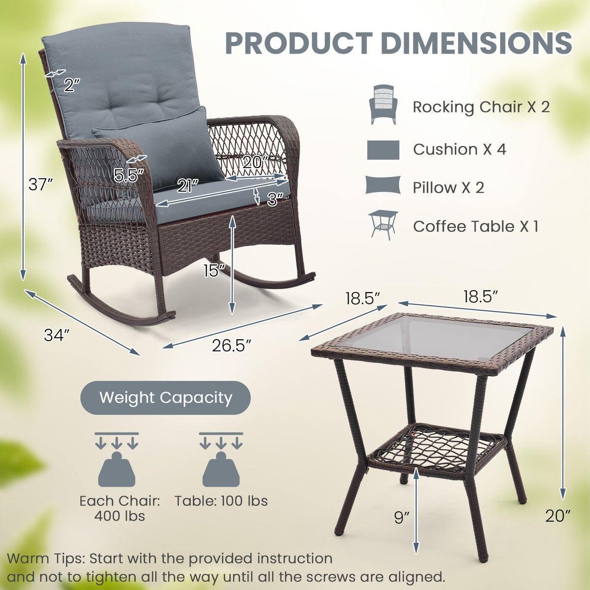3 Pieces Rocking Bistro Set with 2-Tier Coffee Table