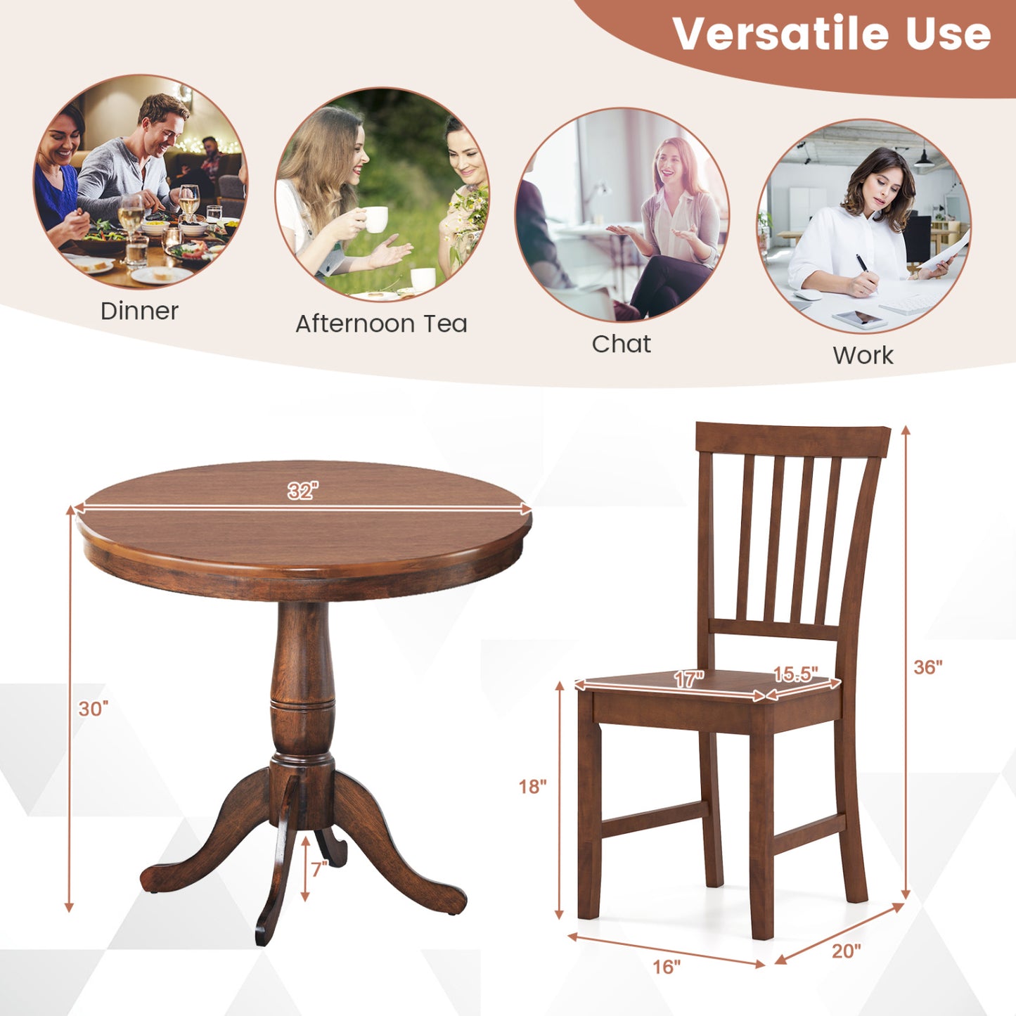 3-Piece Round Dining Table Set with 2 Chairs - Walnut