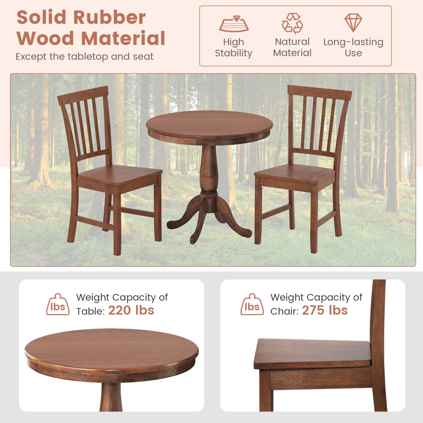 3-Piece Round Dining Table Set with 2 Chairs - Walnut