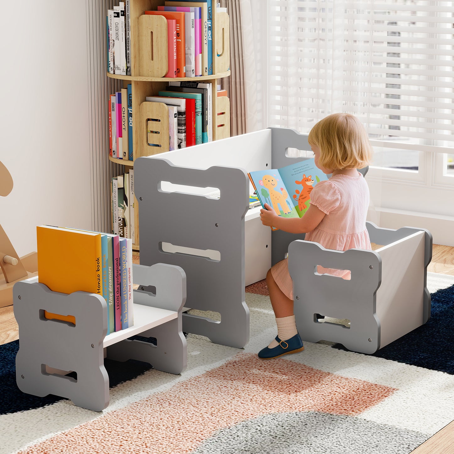 Toddler Table and Chair Set with 2 Stools - Natural Wood