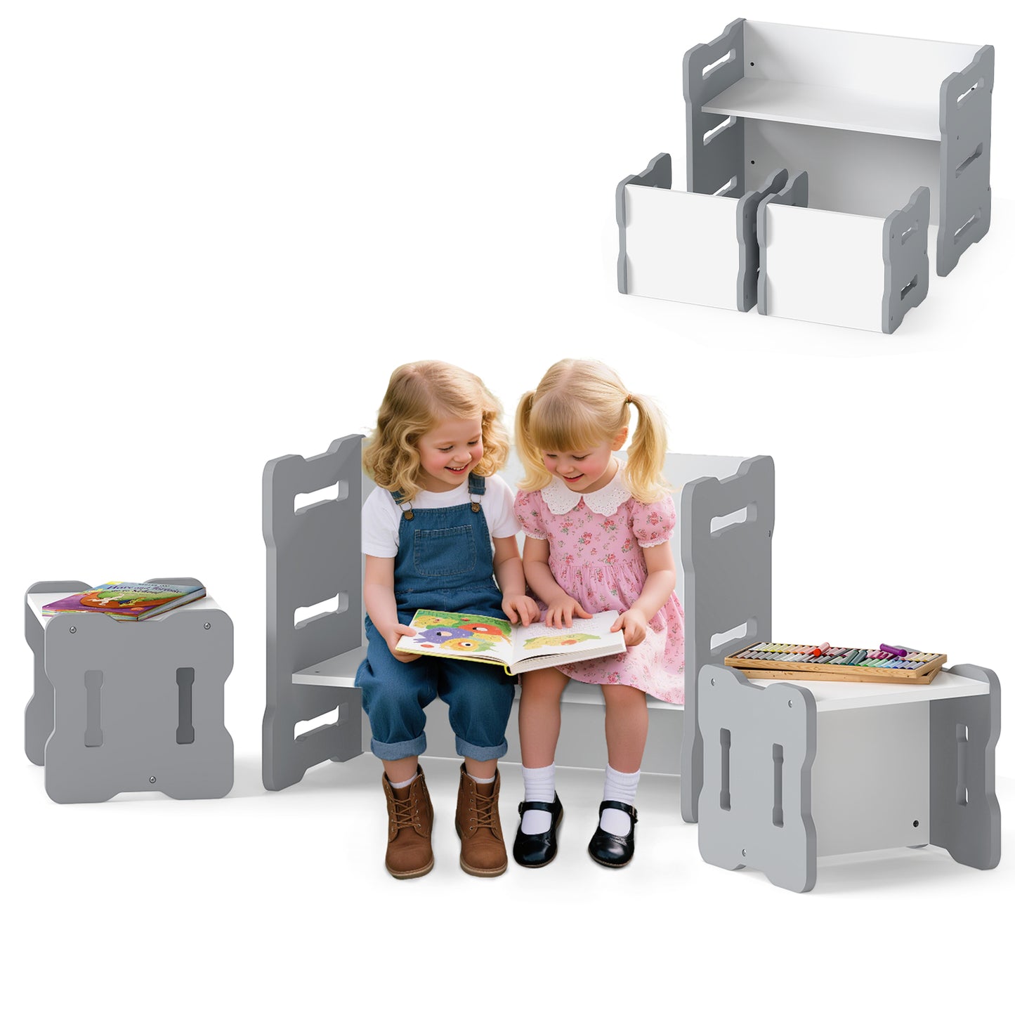 Toddler Table and Chair Set with 2 Stools - Natural Wood