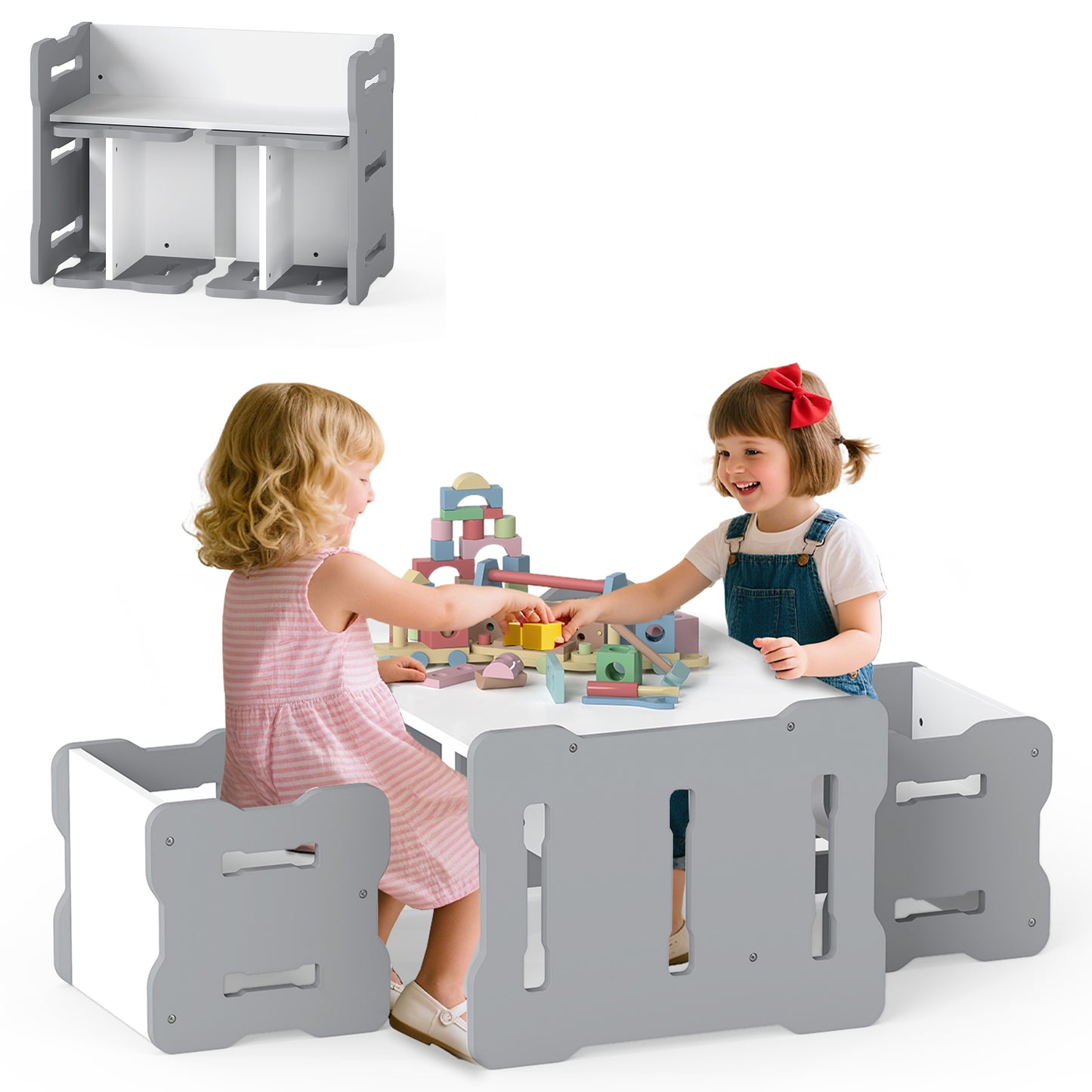 Toddler Table and Chair Set with 2 Stools - Natural Wood