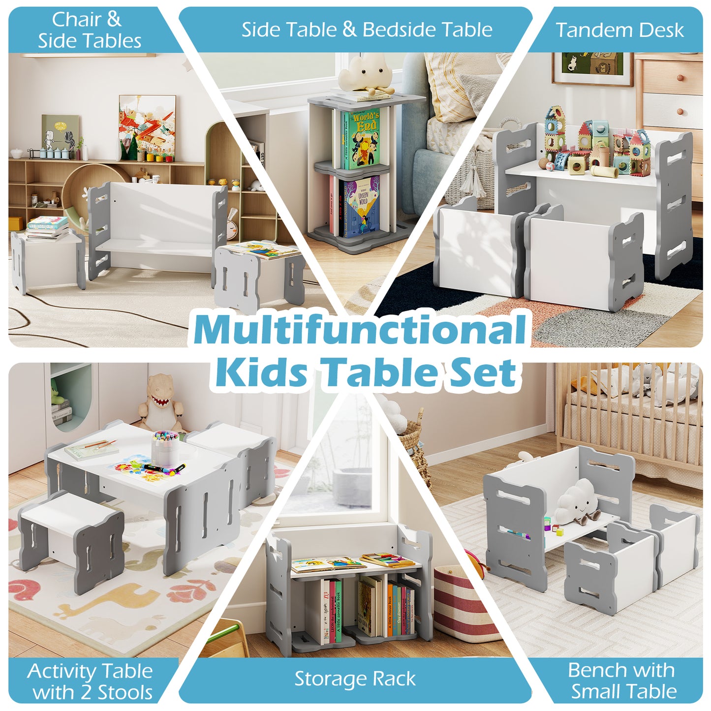 Toddler Table and Chair Set with 2 Stools - Natural Wood