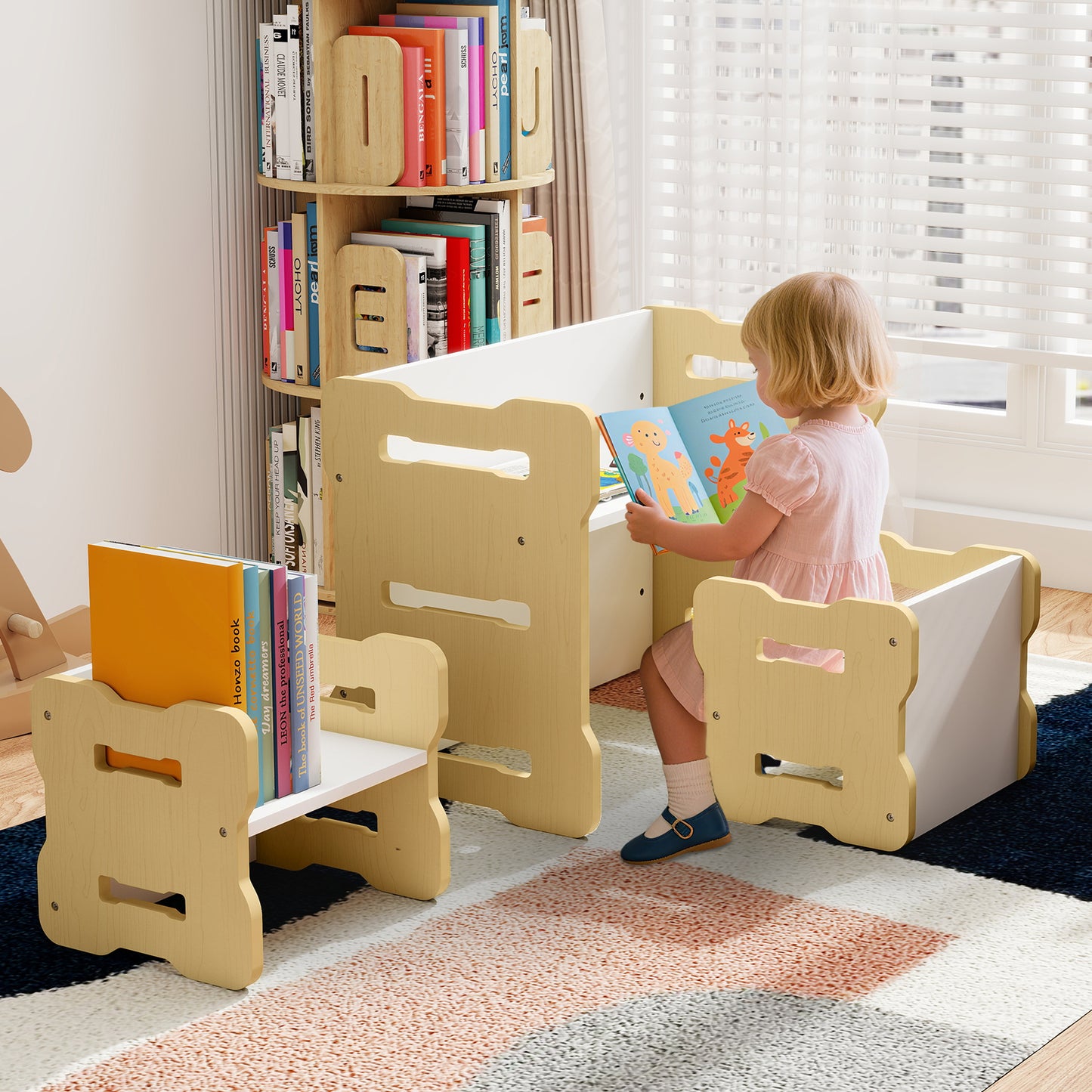 Toddler Table and Chair Set with 2 Stools - Natural Wood