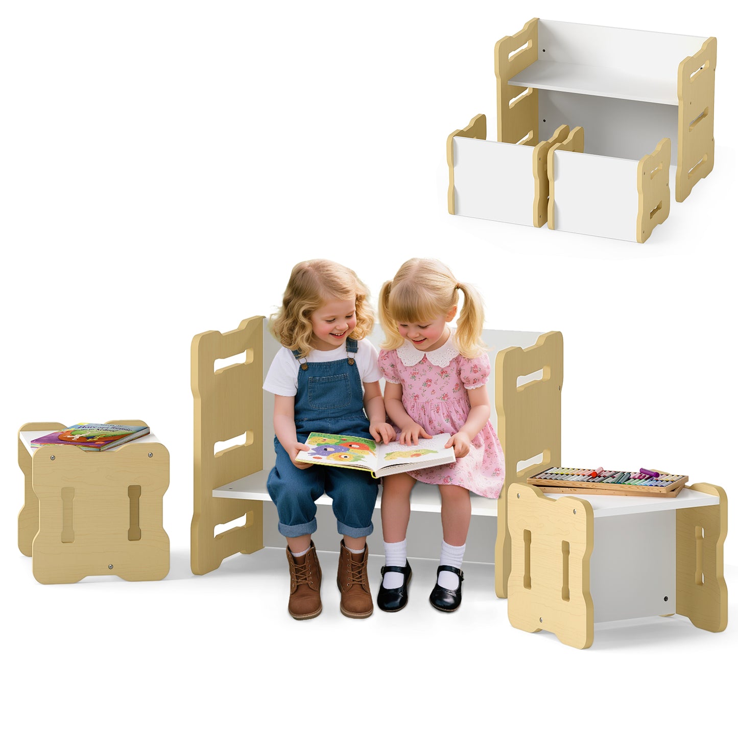 Toddler Table and Chair Set with 2 Stools - Natural Wood