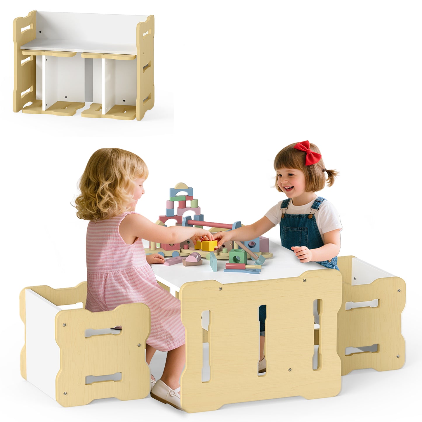 Toddler Table and Chair Set with 2 Stools - Natural Wood