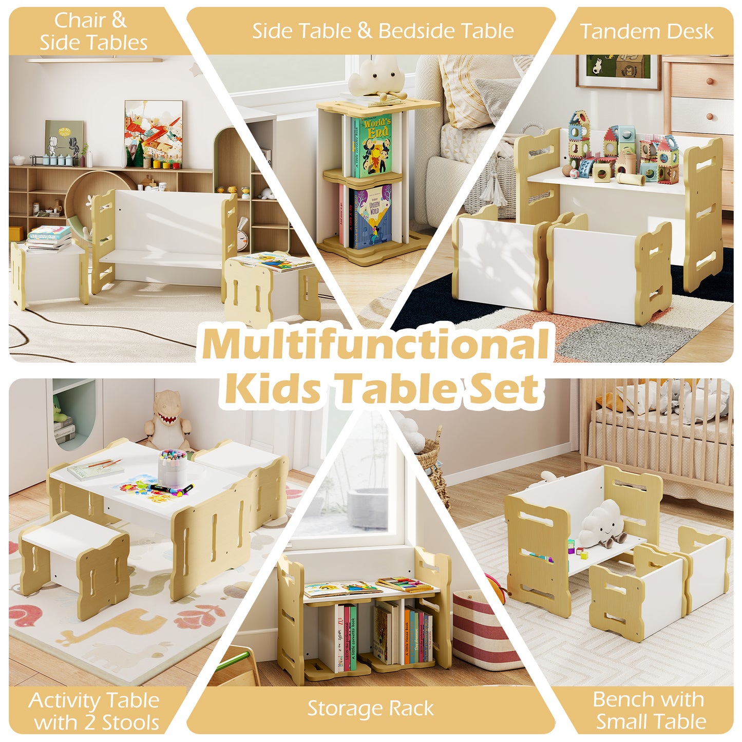 Toddler Table and Chair Set with 2 Stools - Natural Wood