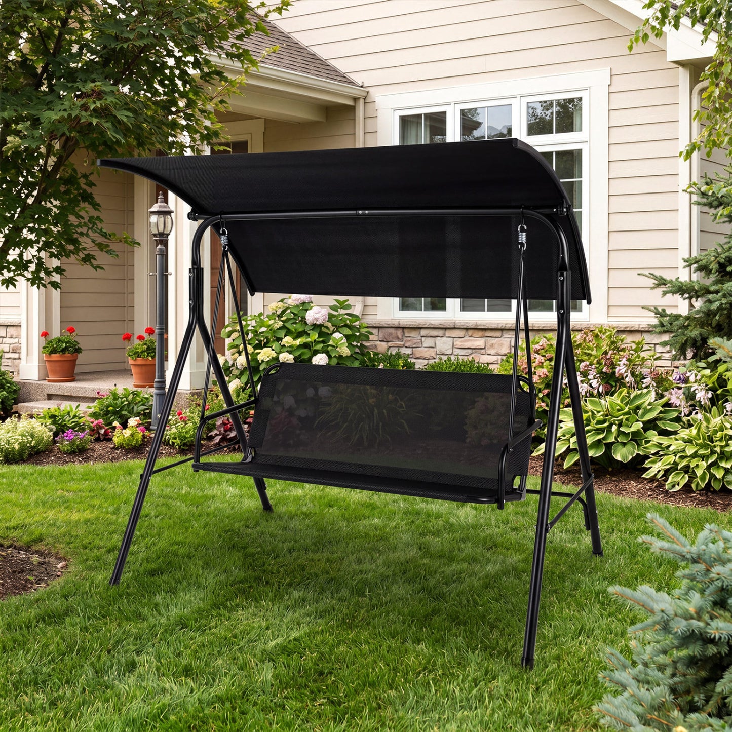 3-Seat Patio Swing Chair with Adjustable Canopy