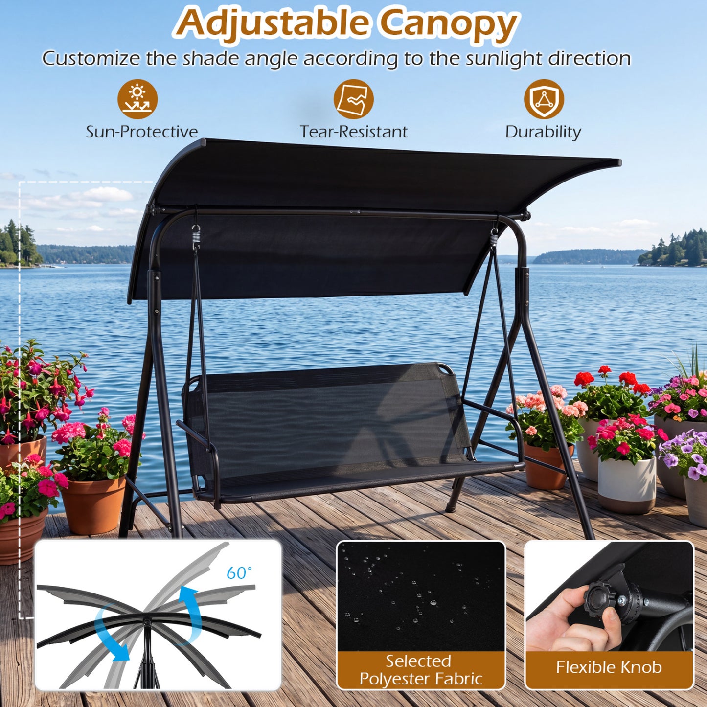 3-Seat Patio Swing Chair with Adjustable Canopy