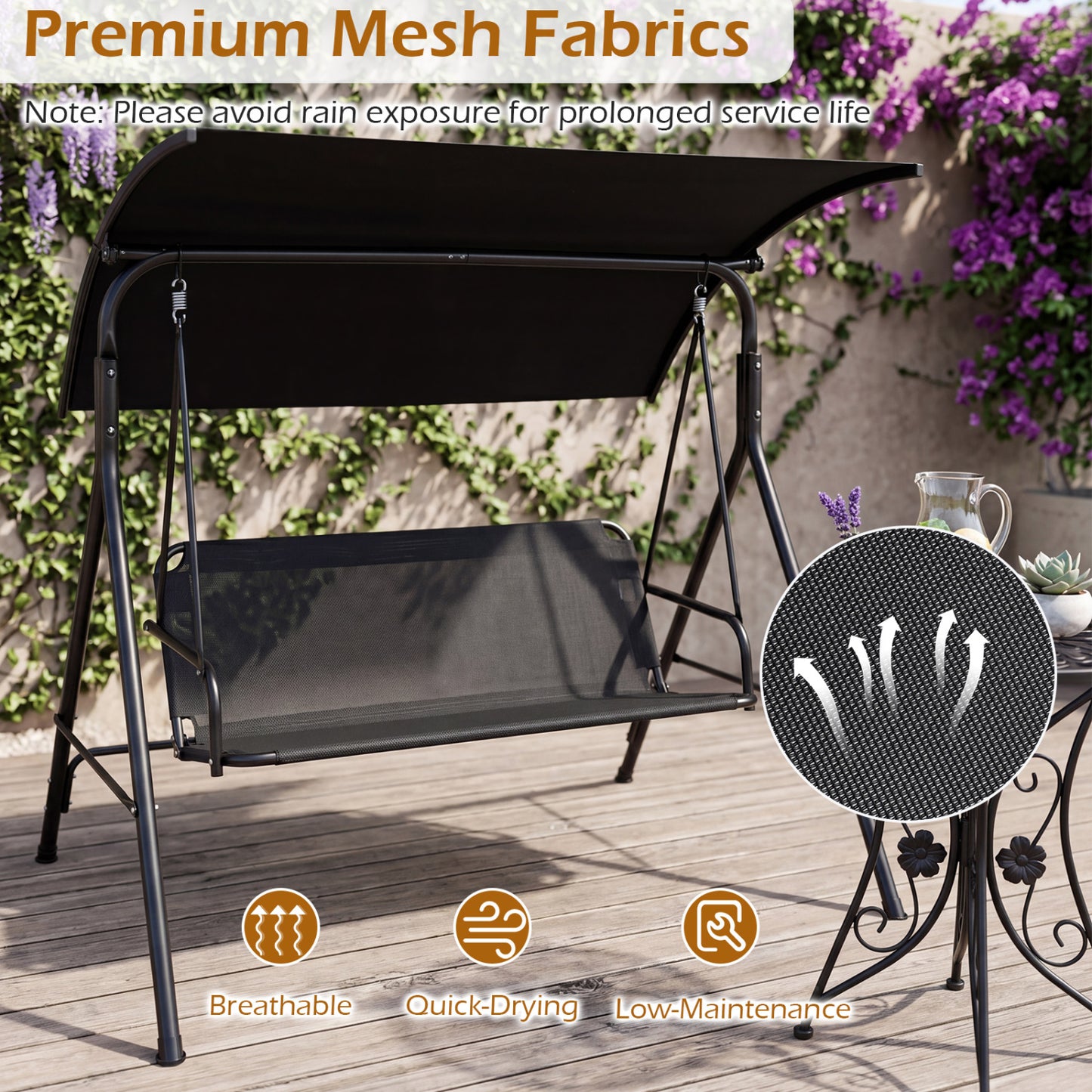 3-Seat Patio Swing Chair with Adjustable Canopy
