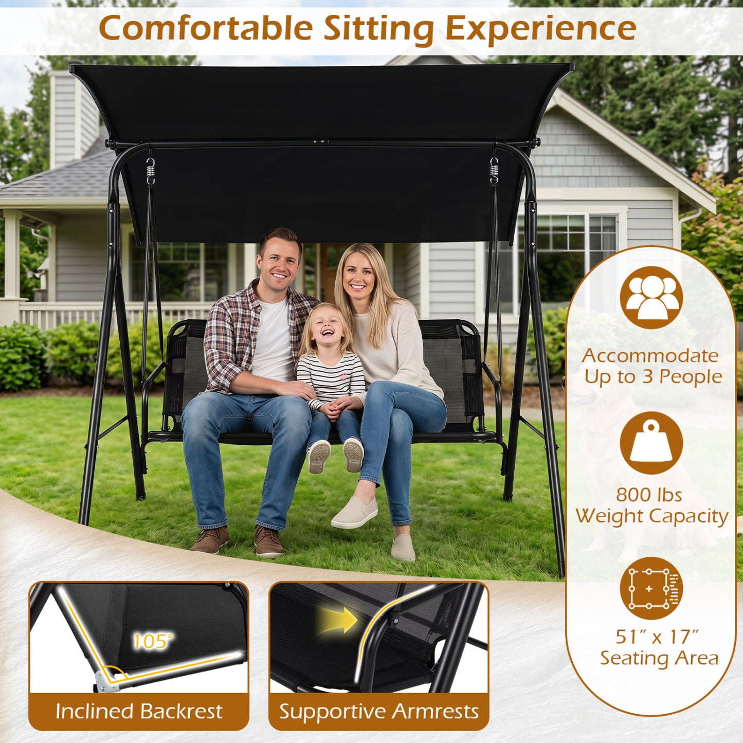 3-Seat Patio Swing Chair with Adjustable Canopy