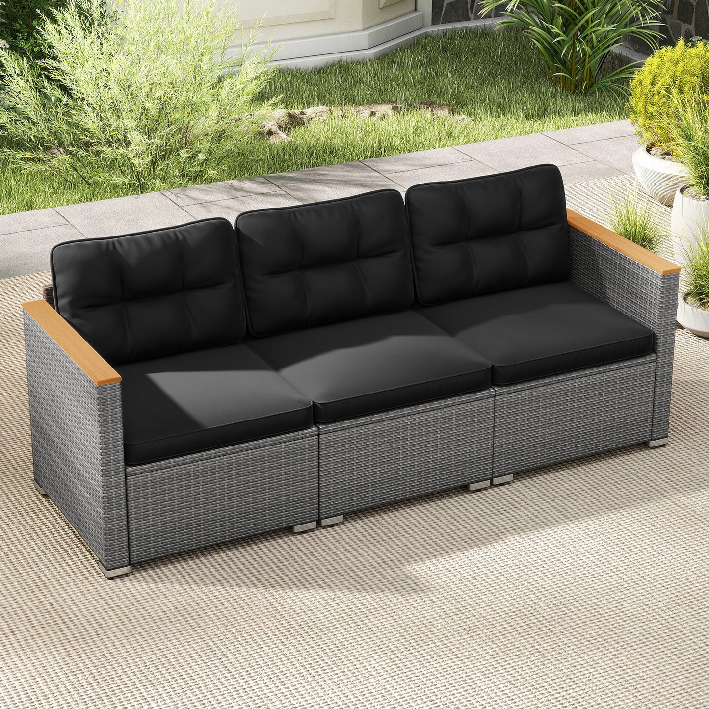 3-Seat Outdoor Patio Sofa with Cushions - PE Rattan & Acacia Wood