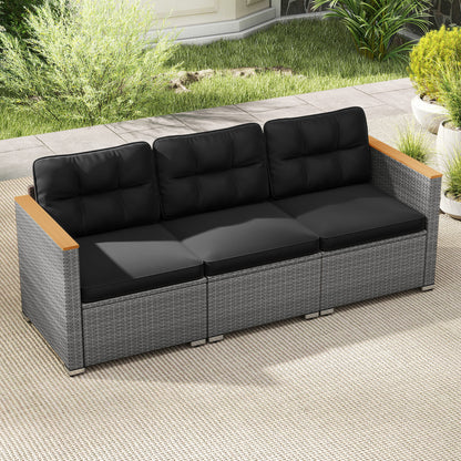 3-Seat Outdoor Patio Sofa with Cushions - PE Rattan & Acacia Wood