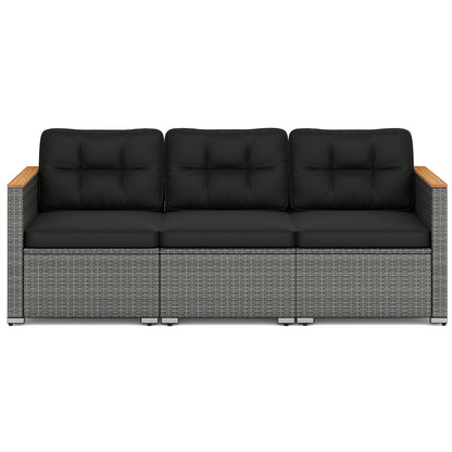 3-Seat Outdoor Patio Sofa with Cushions - PE Rattan & Acacia Wood