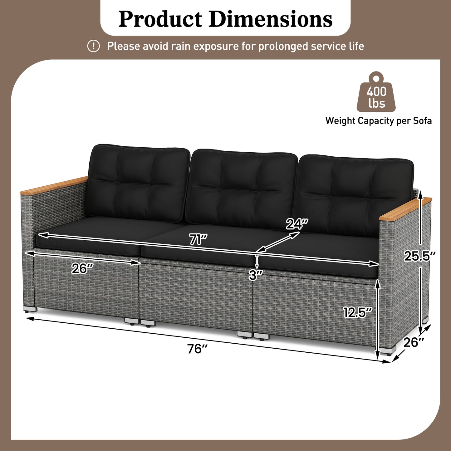 3-Seat Outdoor Patio Sofa with Cushions - PE Rattan & Acacia Wood