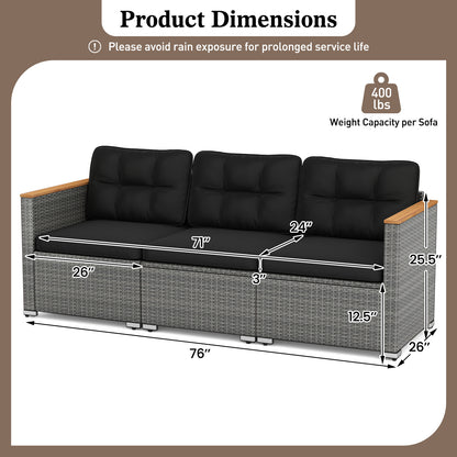3-Seat Outdoor Patio Sofa with Cushions - PE Rattan & Acacia Wood
