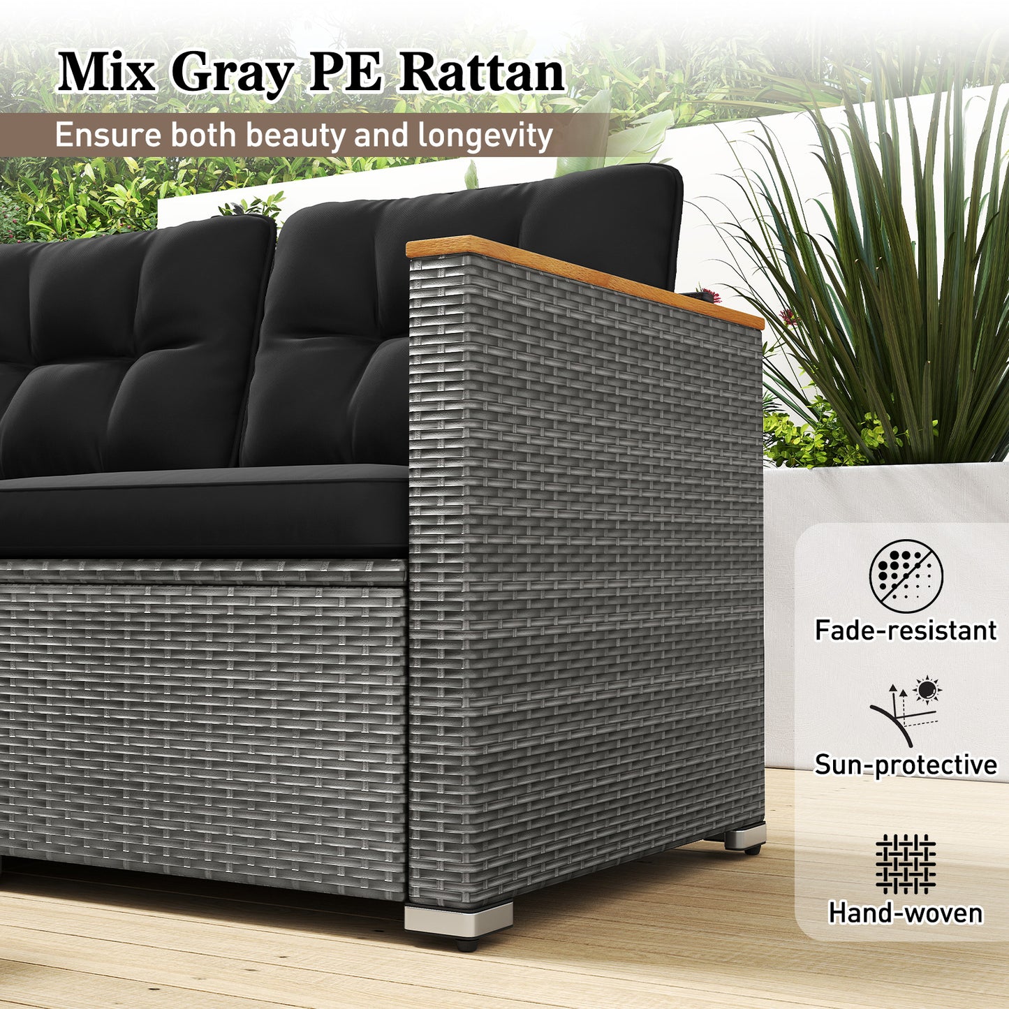 3-Seat Outdoor Patio Sofa with Cushions - PE Rattan & Acacia Wood