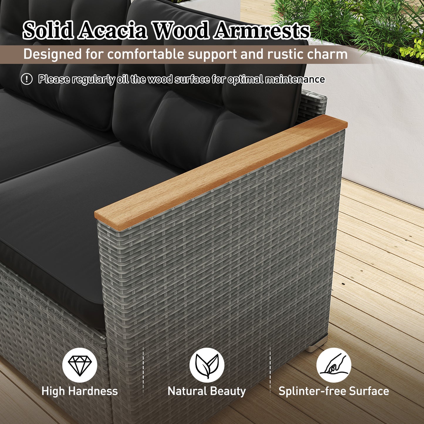 3-Seat Outdoor Patio Sofa with Cushions - PE Rattan & Acacia Wood