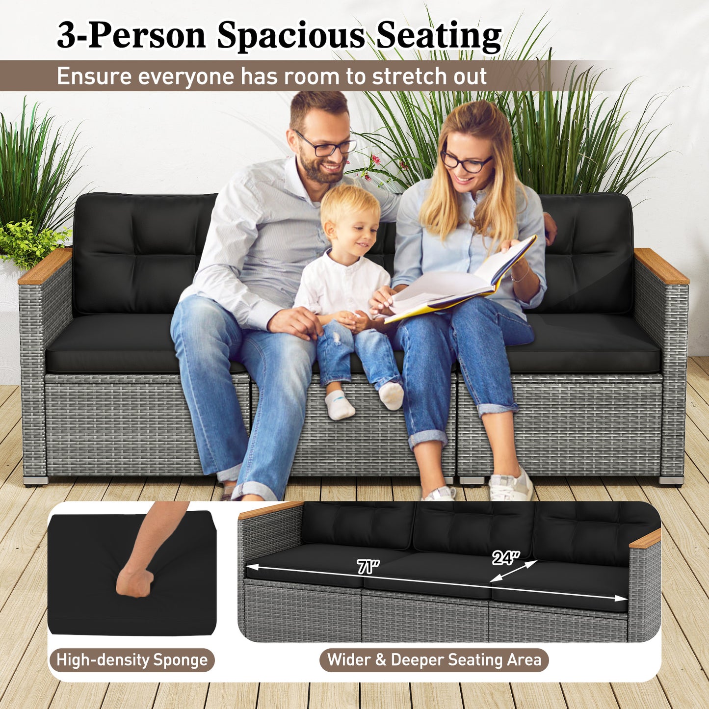 3-Seat Outdoor Patio Sofa with Cushions - PE Rattan & Acacia Wood
