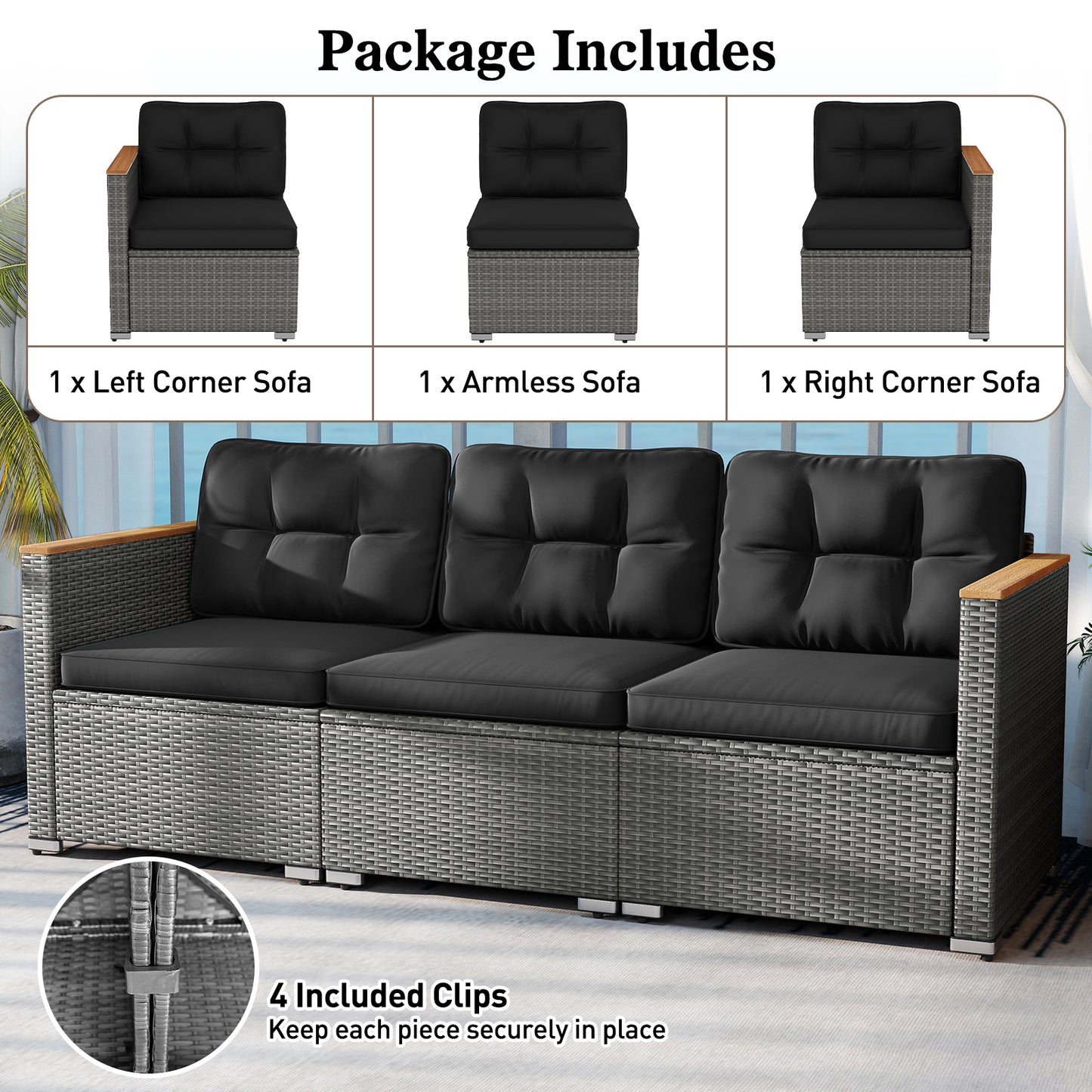 3-Seat Outdoor Patio Sofa with Cushions - PE Rattan & Acacia Wood