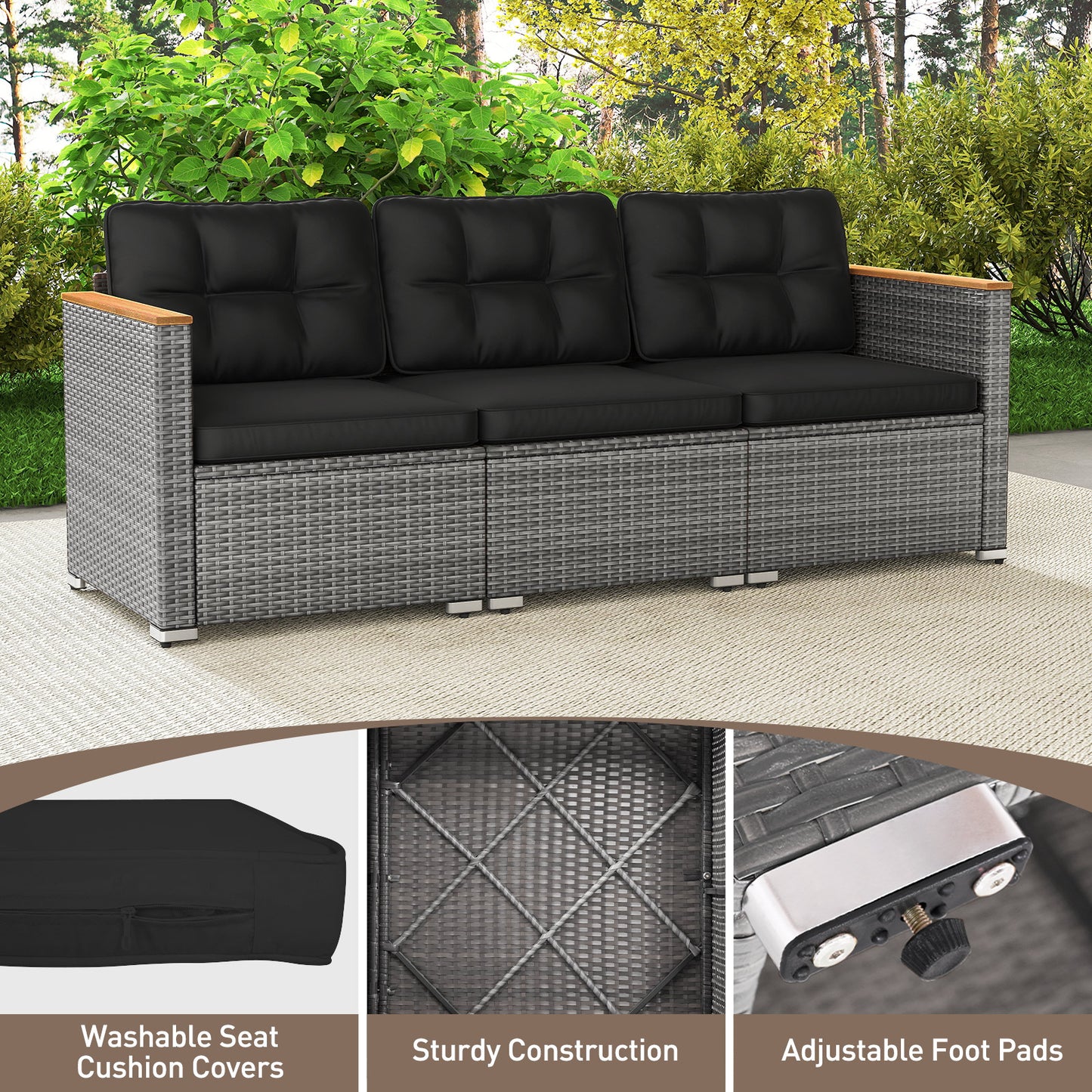 3-Seat Outdoor Patio Sofa with Cushions - PE Rattan & Acacia Wood