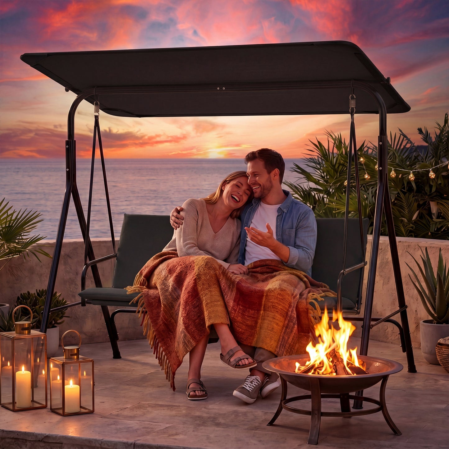 3-Seat Patio Swing Chair with Adjustable Canopy