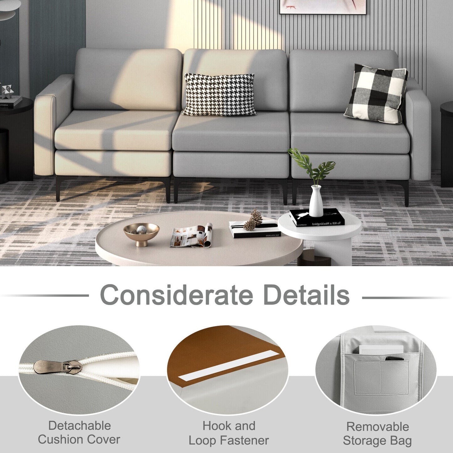 3-Seat Sectional Sofa Couch with Armrest Magazine Pocket and Metal Leg