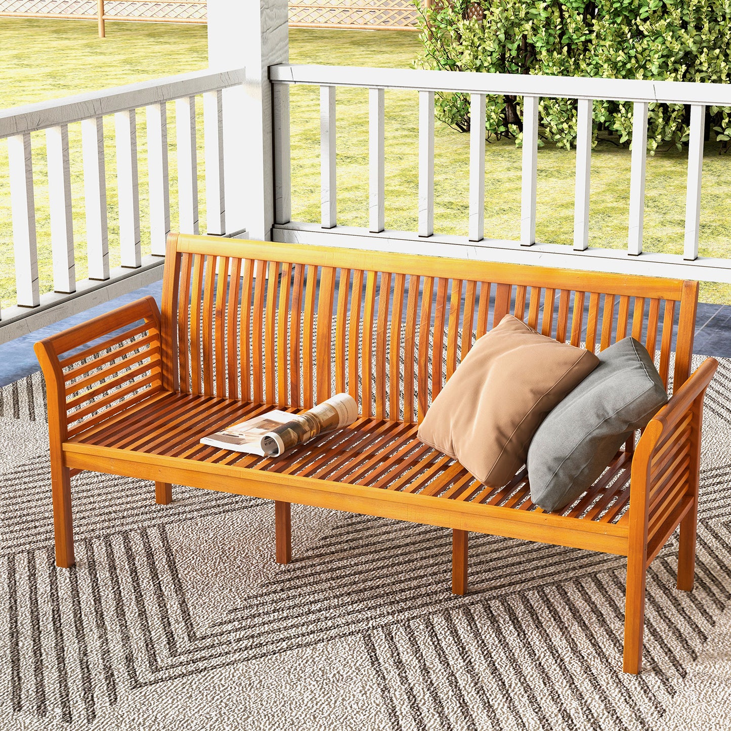 3-Seat Acacia Wood Patio Bench with Cushions - 62.5 Inches