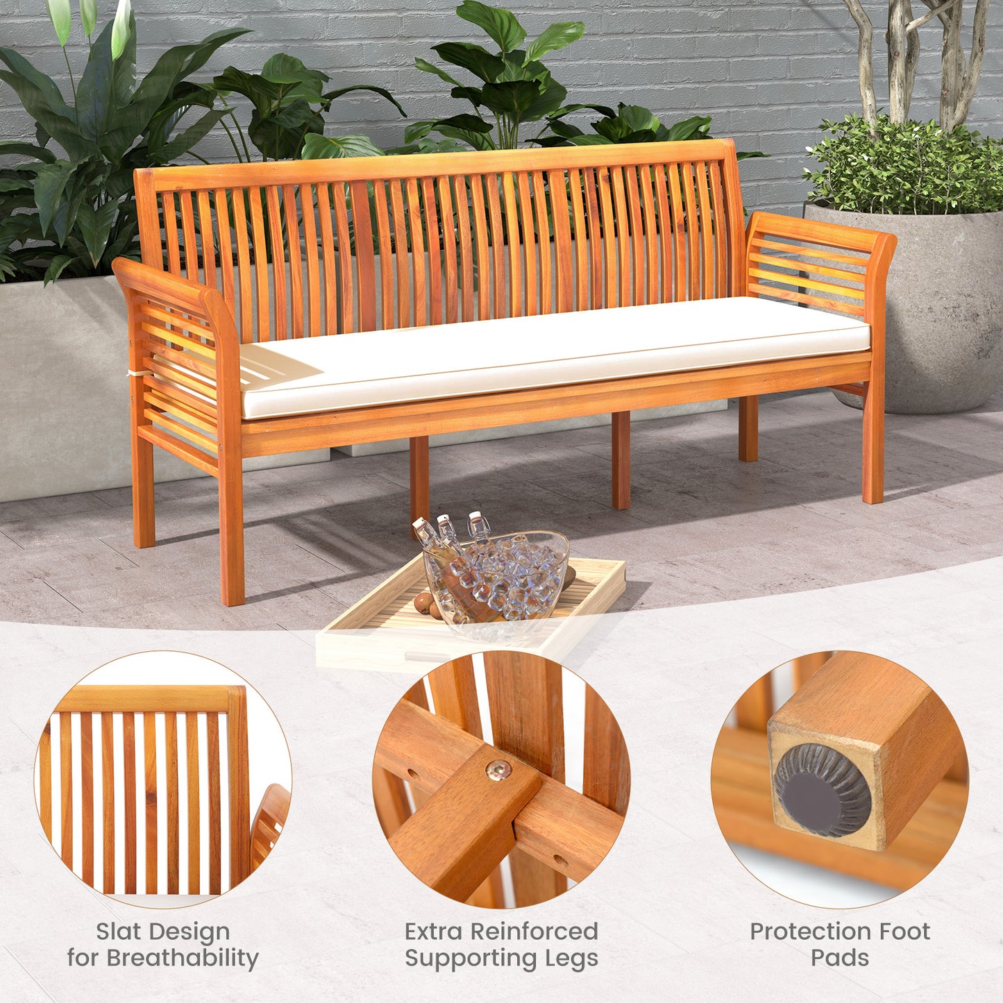 3-Seat Acacia Wood Patio Bench with Cushions - 62.5 Inches