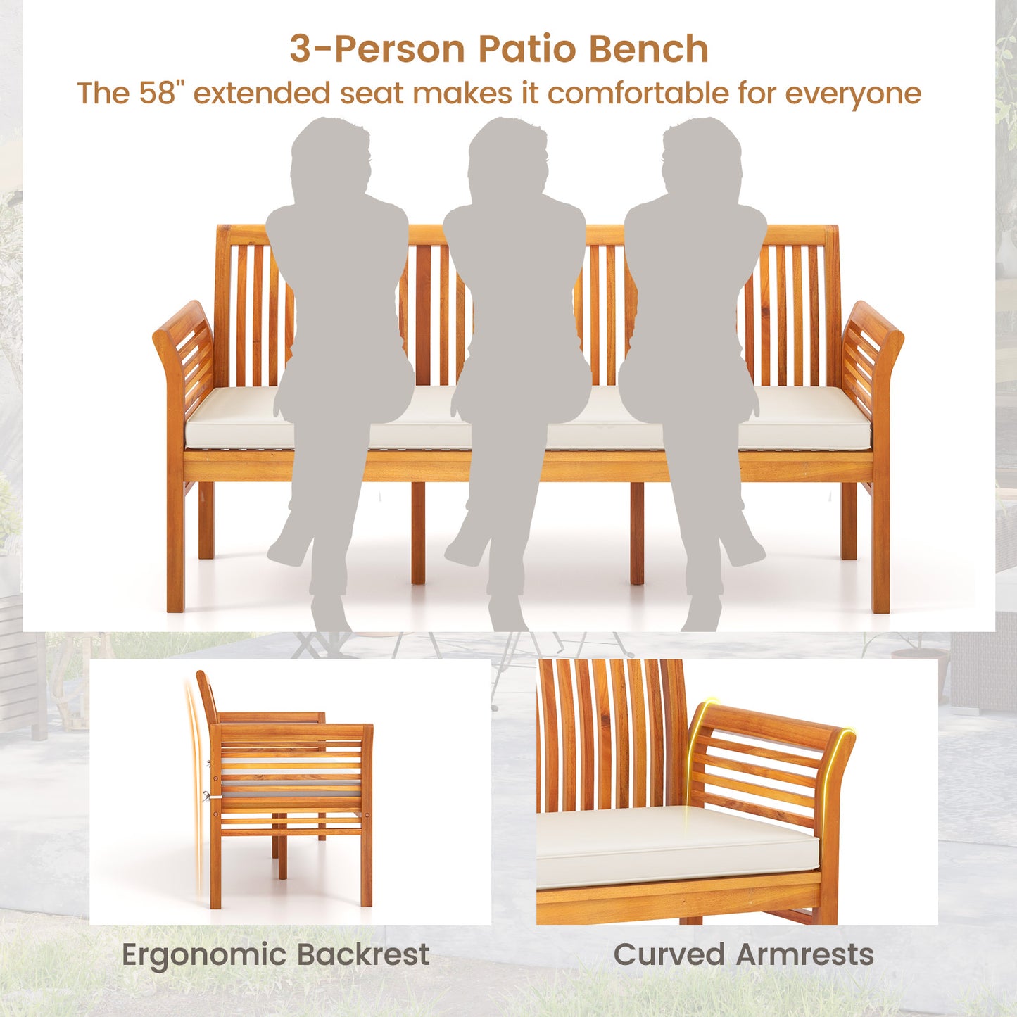 3-Seat Acacia Wood Patio Bench with Cushions - 62.5 Inches