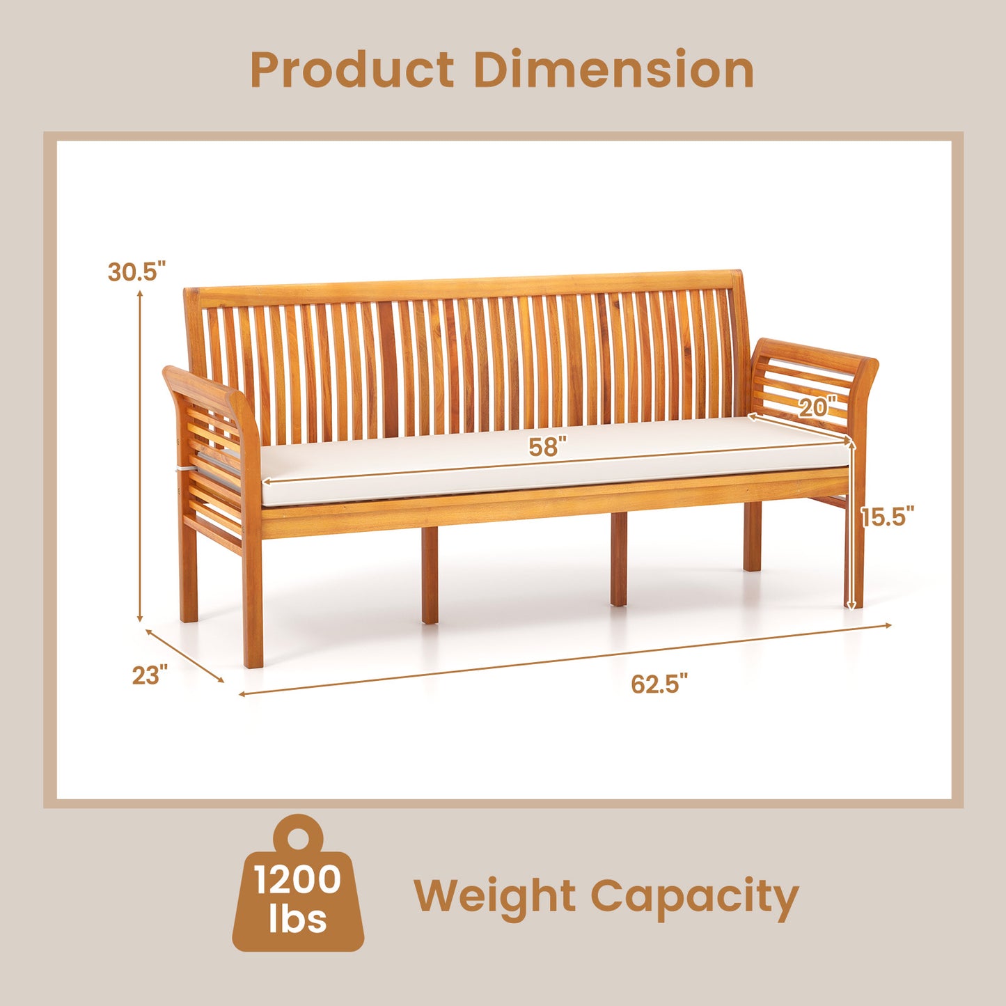 3-Seat Acacia Wood Patio Bench with Cushions - 62.5 Inches