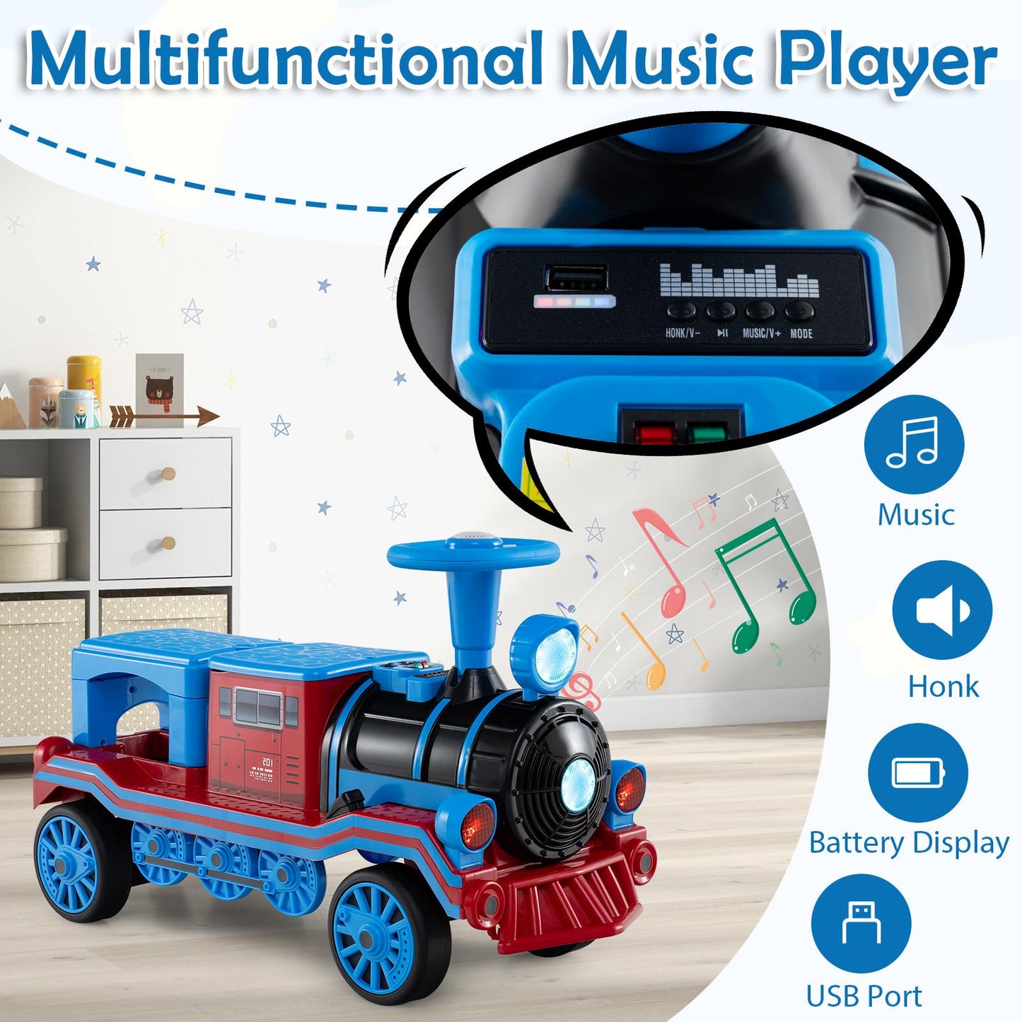 3-Seater Trackless Ride-On Train 12V with Removable Chairs