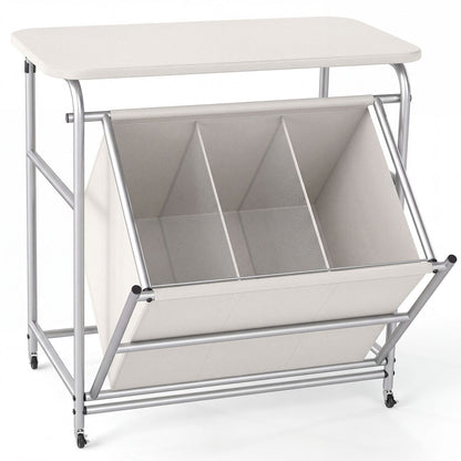 3-Section Laundry Sorter with Foldable Ironing Board and Lockable Wheels-Beige