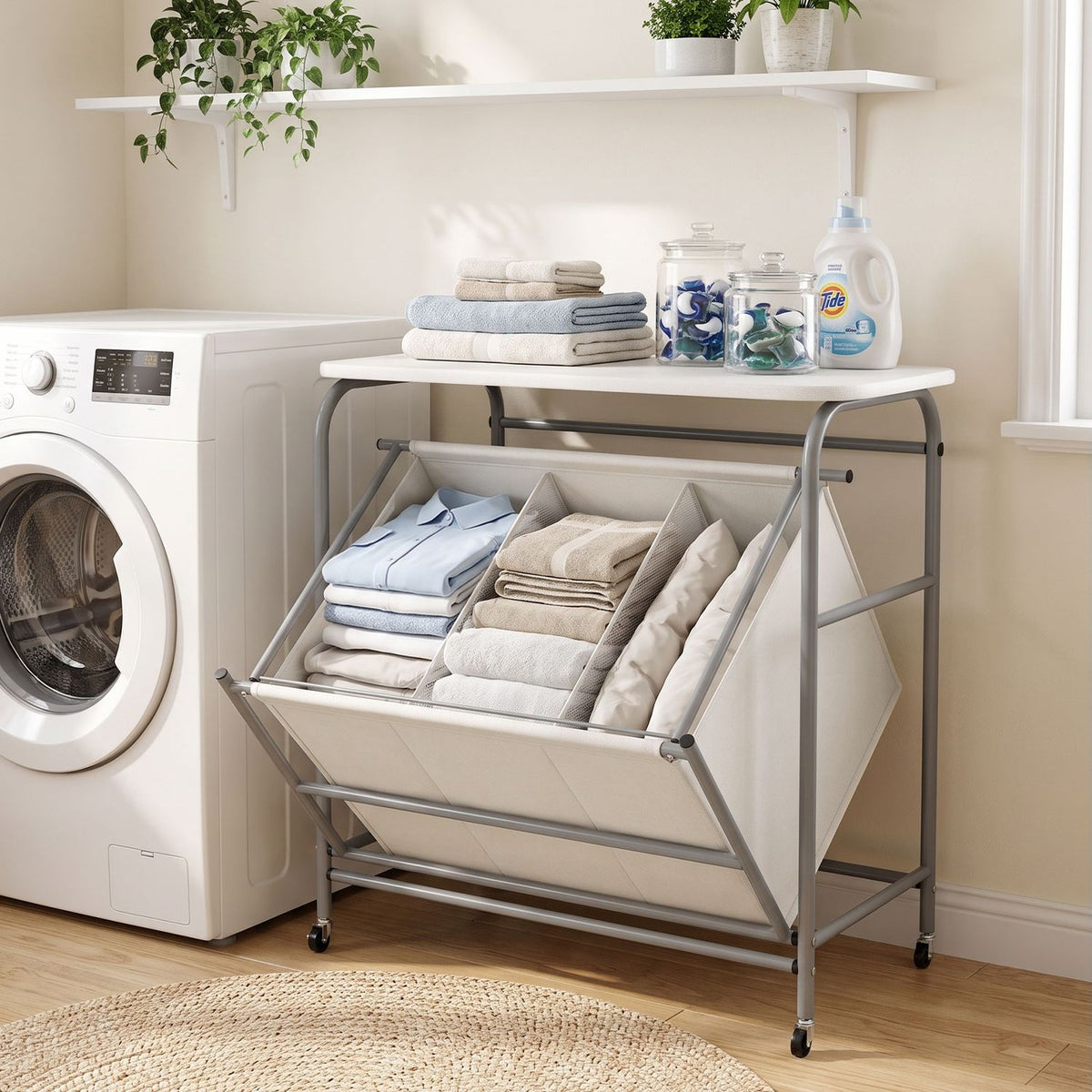 3-Section Laundry Sorter with Foldable Ironing Board and Lockable Wheels-Beige