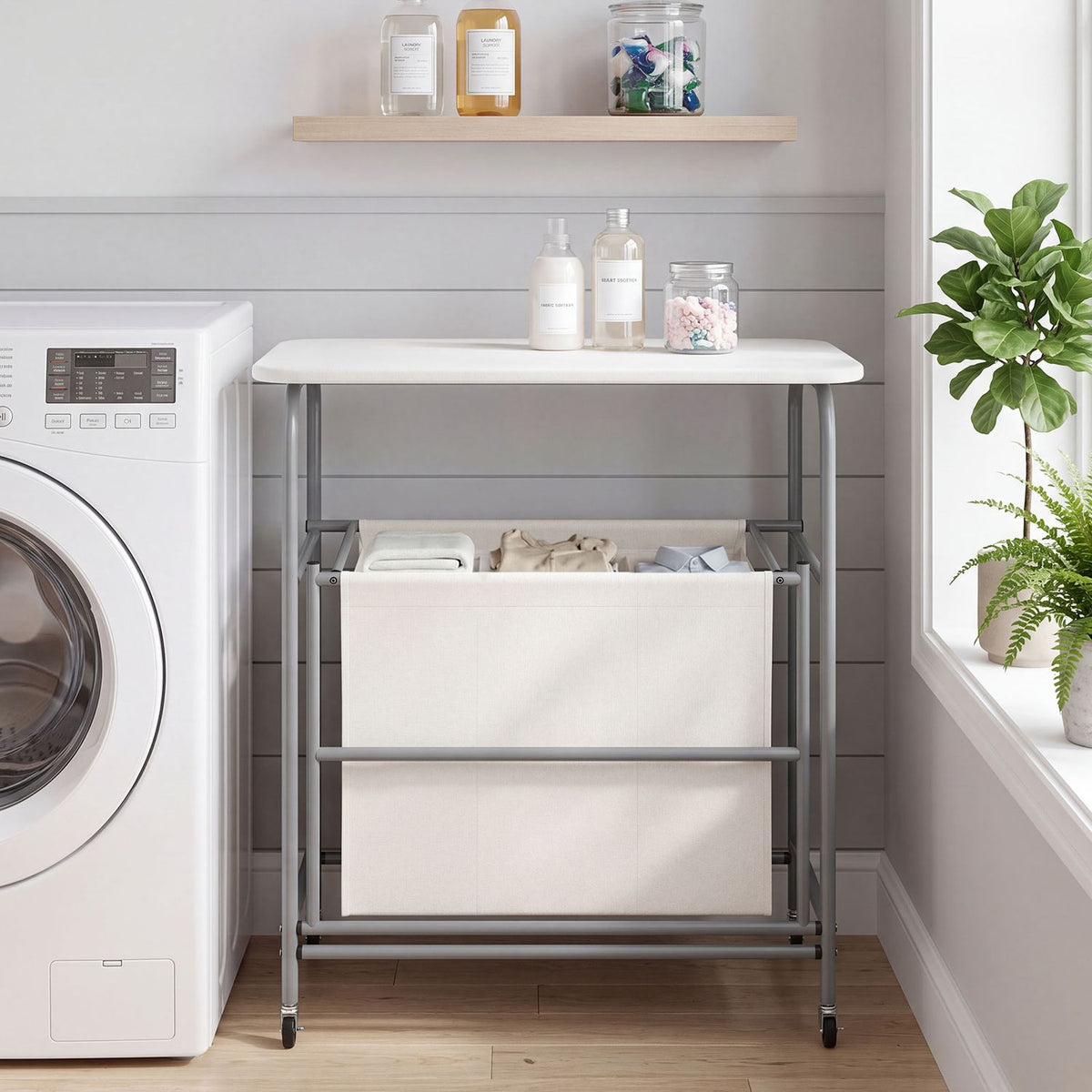 3-Section Laundry Sorter with Foldable Ironing Board and Lockable Wheels-Beige