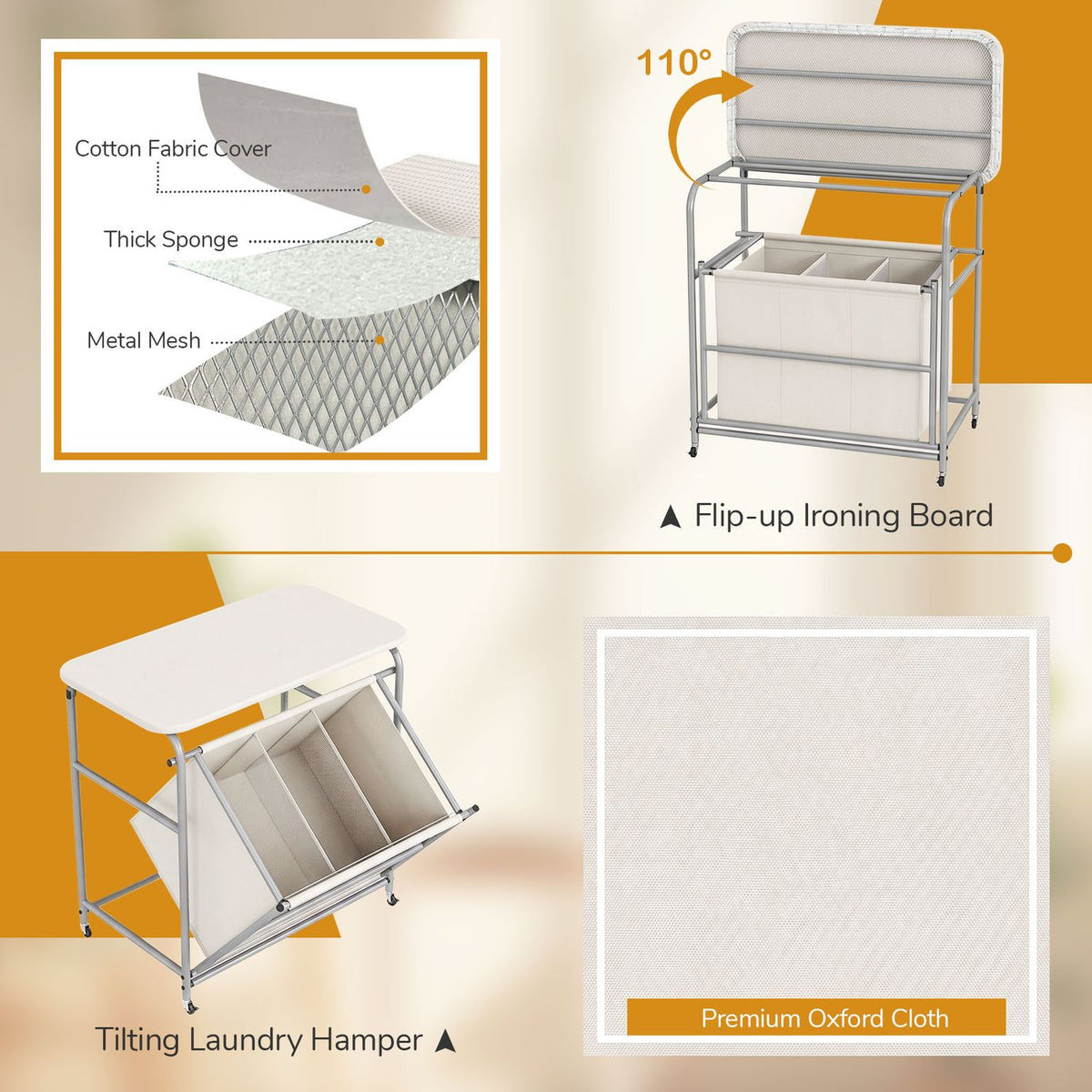 3-Section Laundry Sorter with Foldable Ironing Board and Lockable Wheels-Beige