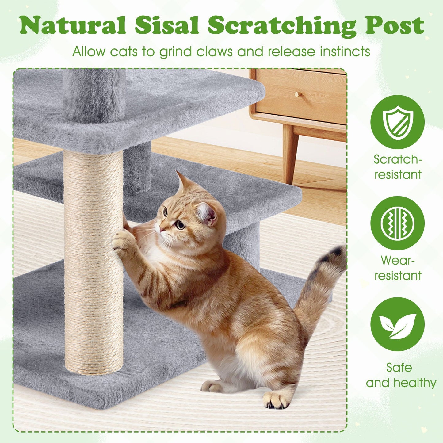 3-Tier Cat Stairs 19 Inch Plush Steps with Scratching Posts for High Bed Sofa-Gray