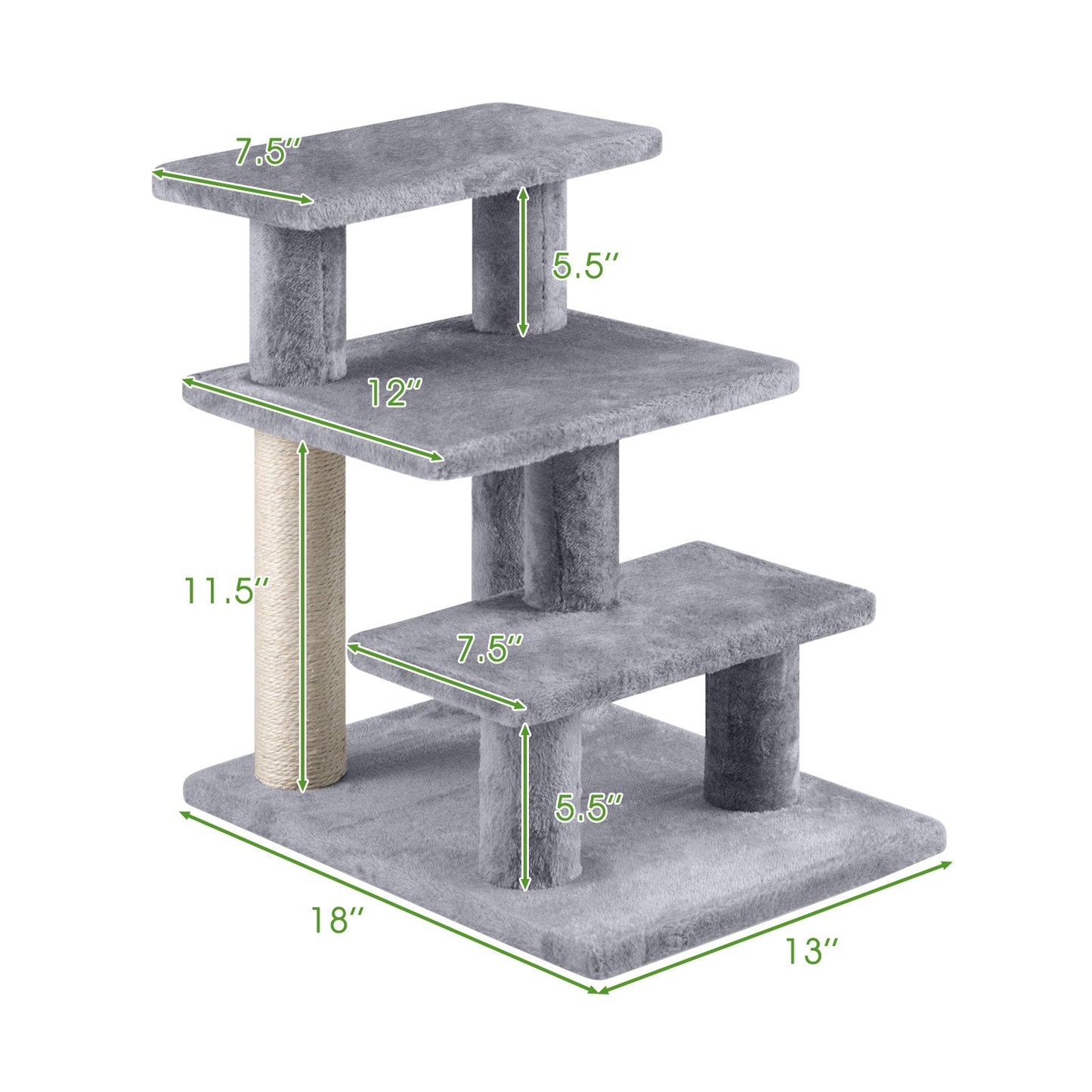 3-Tier Cat Stairs 19 Inch Plush Steps with Scratching Posts for High Bed Sofa-Gray