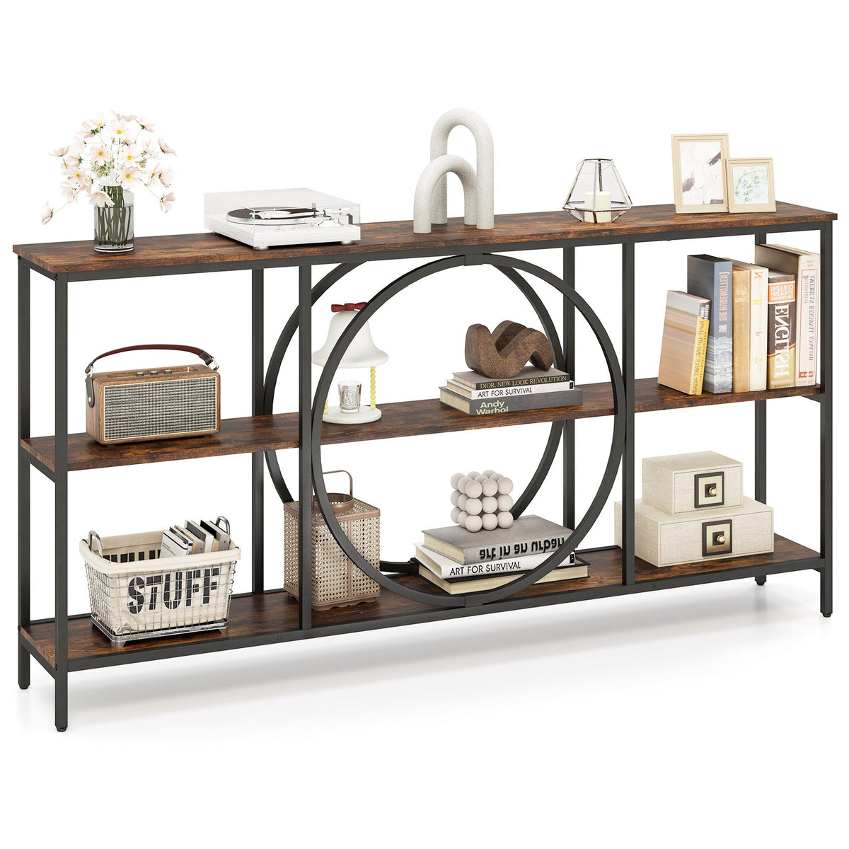 3-Tier Console Table with Faux Marble Top and Storage Shelves for Hallway Living Room