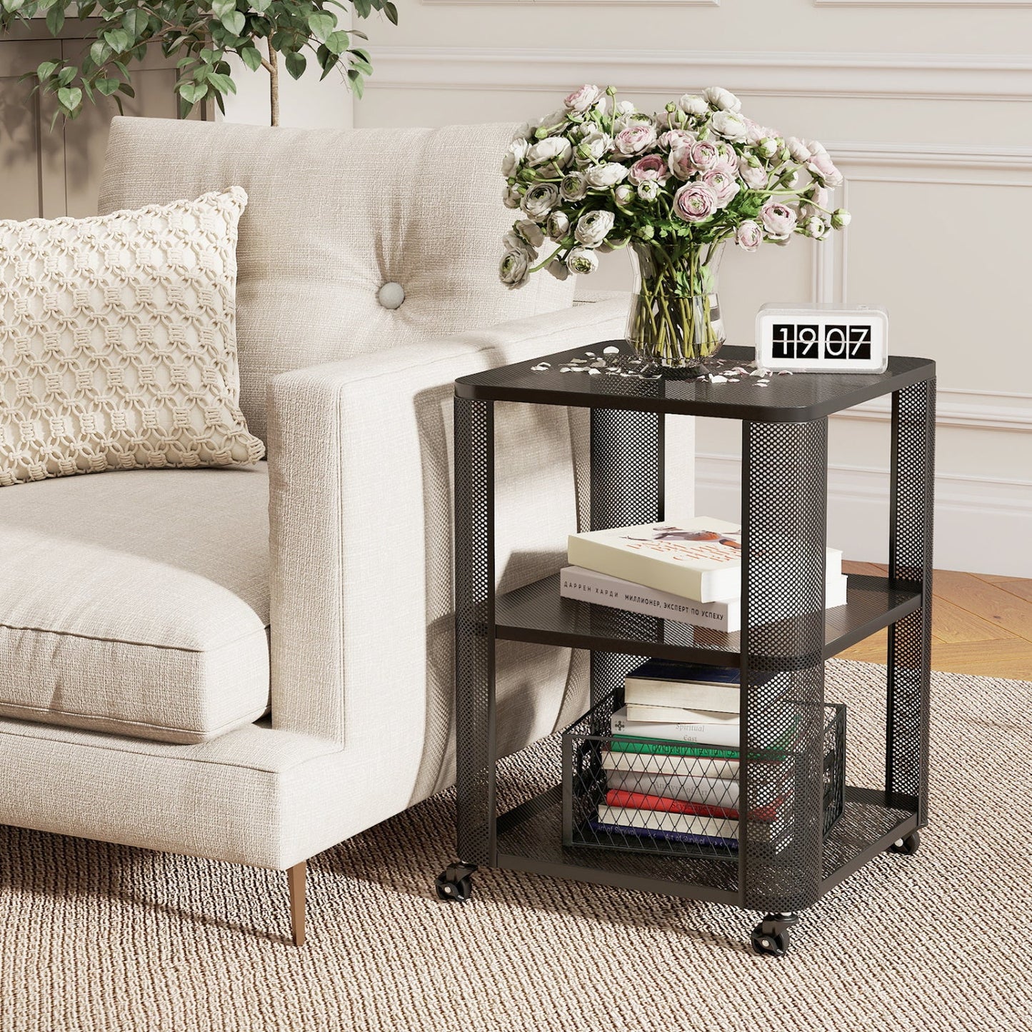 3-Tier End Table with Wheels Rolling Side Table with Open Storage Shelves