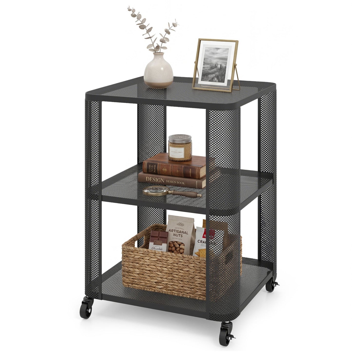 3-Tier End Table with Wheels Rolling Side Table with Open Storage Shelves